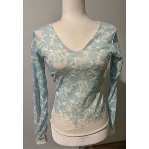 Les Copains Embellished long sleeve sheer light fitted Top v neck size 40 Y2K vi